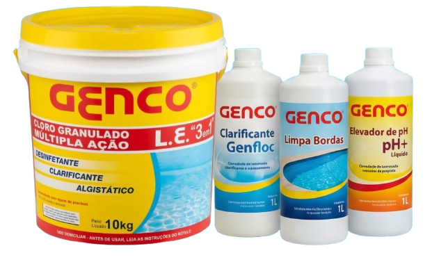 Kit Tratamento Completo Genco: Cloro 3x1 (10kg) + Kit Auxiliar 3L (Clarificante, Limpa Bordas e pH)