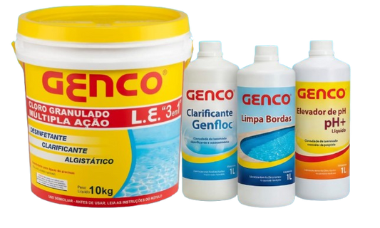 Kit Tratamento Completo Genco: Cloro 3x1 (10kg) + Kit Auxiliar 3L (Clarificante, Limpa Bordas e pH)